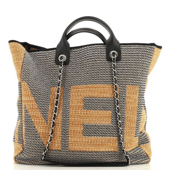 Chanel Deauville Logo Shopping Tote Printed Raffia Large Black, Neutral - Picture 4 of 9